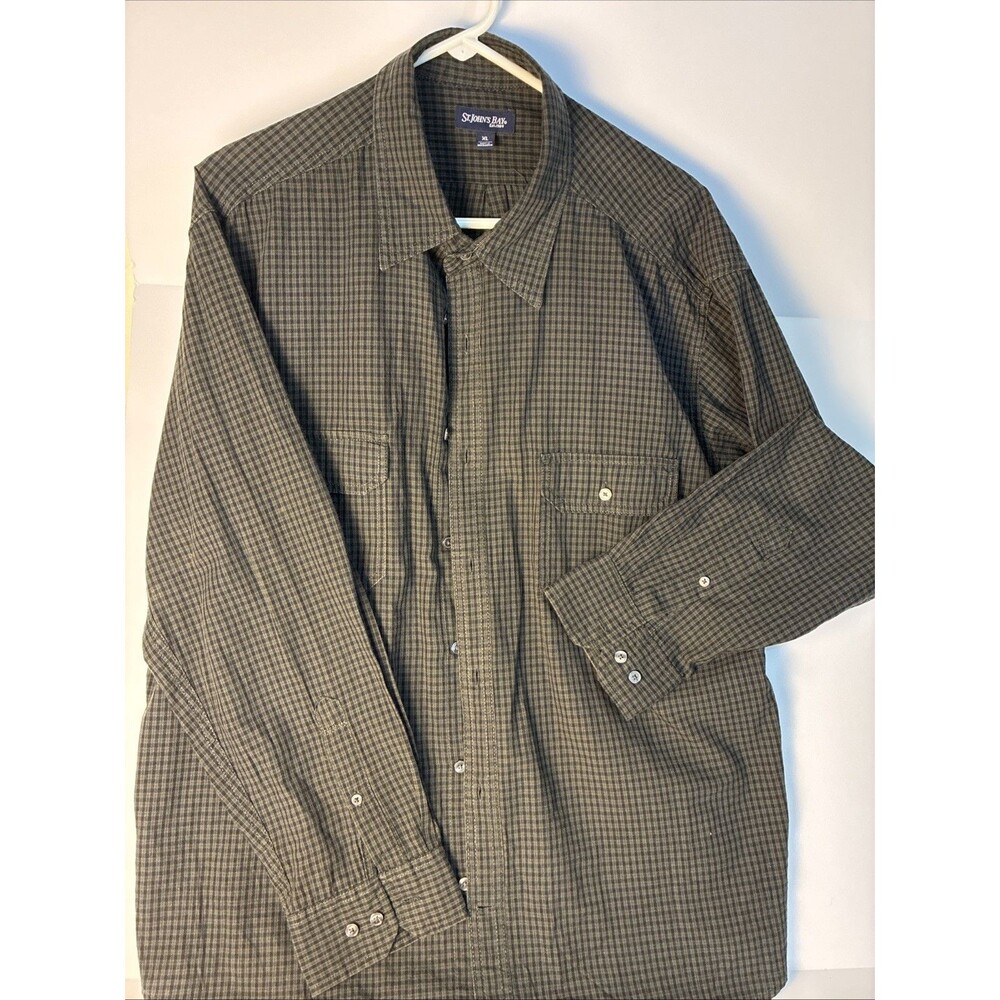 St Johns Bay Mens Button Up Gingham Green black XL